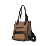 Cartera mochila de color azul marino confeccionada en nylon, con un diseño versátil que permite su uso como bolso de mano o mochila. Presenta dos bolsillos frontales con cierre de cremallera negra y tiradores largos, correas de cinta negra resistente y un compartimento principal de gran capacidad.