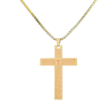 Collar largo con dije de cruz plana con grabados, disponible en dorado y plateado.