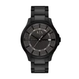 Reloj Armani Exchange modelo Hampton con caja de acero inoxidable color negro, esfera negra con diseño de panal de abeja y pulsera de eslabones de acero inoxidable color negro.
