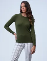 Buzo tejido de hilado fino en color verde, con puños que incluyen aplique de botones, de la marca Philosophy.
