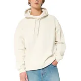 Sudadera con capucha color crema, de corte holgado y manga larga, con bolsillo canguro frontal y cordones ajustables en la capucha.