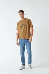 Remera color marrón con estampa de montañas, texto y coordenadas geográficas.