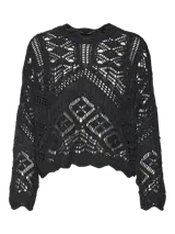 Sweater negro de punto con calados, mangas largas abullonadas y cuello redondo.