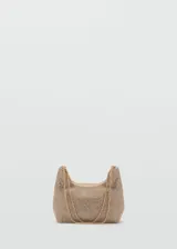 Bolso de mano dorado con apliques de cristales facetados, doble asa corta y asa larga de cadena.