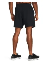 Short de running Under Armour Launch de 7 pulgadas, color azul con detalles en naranja y logo reflectivo.