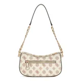 Bolso de hombro Guess modelo Evelune, color blanco con estampado del logo de la marca en marrón. Tiene herrajes dorados, cierre superior con cremallera y correa corta con cadena dorada.