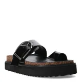 Sandalias negras con plataforma, dos tiras anchas y hebilla metálica plateada.