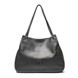 Cartera tipo shopper grande de cuero color negro, con doble asa de hombro y logo metálico en el frente.