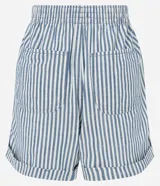 Short de cintura alta con elástico, bolsillos delanteros y traseros, bajo plegado y estampado de rayas verticales azules y blancas.
