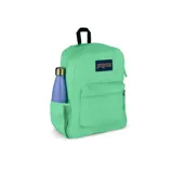 Mochila Jansport color verde agua, con un compartimento principal, bolsillo frontal con organizador, bolsillo lateral para botella de agua, panel trasero acolchado y correas acolchadas.