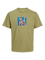 Camiseta color verde oliva de manga corta y cuello redondo con estampado de un saxofonista en estilo cubista.