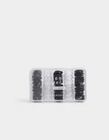 Set de 200 gomitas elásticas de silicona en colores negro, gris y transparente, presentadas en una caja organizadora de plástico transparente.