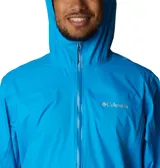 Campera impermeable Columbia Evapouration Jacket, color celeste, con capucha ajustable, cierre frontal completo, bolsillos laterales con cierre y ventilación en las axilas.