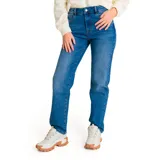 Pantalón de jean azul de corte recto, tiro alto y diseño de cinco bolsillos.