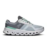 Championes de running On Cloudrunner 2, color gris, celeste y blanco, con cordones color verde agua.