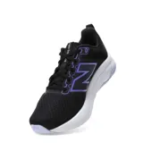 Championes de running New Balance modelo 460 para mujer, color negro con malla transpirable. Presenta el logo 'N' lateral en tono violeta con borde iridiscente y entresuela blanca gruesa.