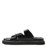 Sandalias marrones con tiras anchas de cuero sintético y hebillas doradas.