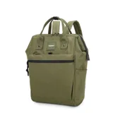 Mochila negra de lona con múltiples cierres y bolsillos laterales. Cuenta con un bolsillo trasero antirrobo, doble asa de mano y correas de hombro ajustables.