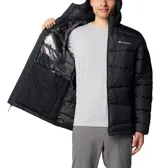 Campera puffer Columbia Fivemile Butte II negra para hombre, con capucha, cierre frontal completo, bolsillos con cierre y logo de la marca en el pecho. Cuenta con tecnología Omni-Heat reflectante y Omni-Shield resistente al agua.