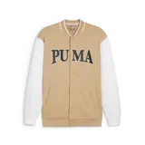 Campera de rizo francés beige con detalles en blanco, cuello estilo varsity y cierre con botones.