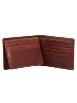 Billetera de cuero color marrón con costuras en contraste.