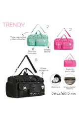 Bolso tipo duffel negro con múltiples bolsillos externos, correa de hombro ajustable y asas de mano.