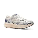 Championes de running Skechers Go Run Consistent 2.0 Volt, color blanco y plateado, con detalles en azul marino. Capellada de cuero metalizado y malla, amortiguación ultraligera, plantilla Air-Cooled Goga Mat y tecnología M-Strike.