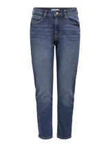 Pantalón de jean de tiro alto, corte recto y color azul medio.