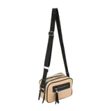 Bandolera negra de cuero sintético con doble cierre, doble bolsillo y correa ajustable.