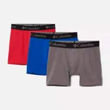 Pack de tres bóxers Columbia de hombre, confeccionados en tejido elástico. Incluye un bóxer rojo, uno azul y uno gris. Todos con cintura elástica negra con el logo de la marca.