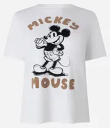 Remera de pijama blanca de poliéster y elastano, con cuello redondo, mangas cortas y estampado de Mickey Mouse estilo retro.