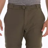 Pantalón de trekking desmontable color verde musgo, convertible en short. Confeccionado en tejido elástico 4-Way Spandex repelente al agua. Incluye cintura elasticada, cinturón interno ajustable, bolsillos con cierre y elástico interior en los tobillos.
