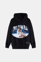 Buzo con capucha negro, corte holgado, con estampado circular frontal que incluye la palabra "FUTTTURA" y una imagen de una mujer en un entorno de rayos azules.