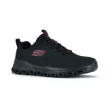 Championes Skechers Glide-Step Fasten Up, color negro con detalles en rojo. Capellada de tejido de punto suave, plantilla acolchada Skechers Air-Cooled Memory Foam y entresuela geométrica Glide-Step.
