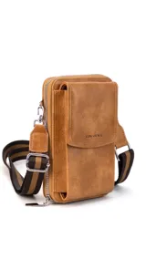 Bandolera porta celular color suela, con bolsillo frontal con tapa y cierre perimetral. Incluye correa de galón regulable y desmontable, bolsillos interiores para documentos, reparticiones para tarjetas y billetes.