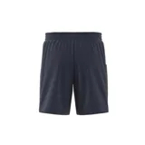 Short deportivo azul marino con cintura elástica ajustable con cordón, calzoncillo interior de malla y tres tiras blancas verticales en los laterales.