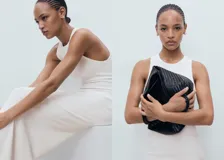 Vestido largo blanco de punto, sin mangas, con cuello halter y diseño entallado.