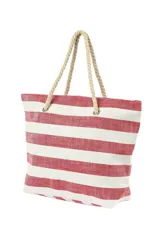 Bolso tipo tote bag con diseño a rayas horizontales rojas y blancas, con asas de soga.
