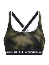 Top deportivo Under Armour con estampado abstracto en tonos verde militar y negro, breteles finos blancos y banda elástica con logo de la marca.