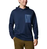 Buzo polar Columbia con capucha, color azul marino, con bolsillo tipo parche en el pecho de color azul más claro con cierre vertical.