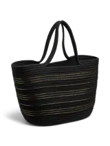 Bolso shopper negro de algodón con rayas horizontales doradas.