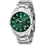 Reloj Maserati modelo Traguardo R8853151011 para hombre, con caja de acero inoxidable plateada de 43mm, esfera verde con detalles plateados y correa de acero inoxidable plateada. Cuenta con movimiento de cuarzo, cristal mineral y resistencia al agua de 5 ATM.