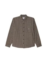 Camisa Obey de manga larga con estampado a cuadros en tonos marrón y blanco. Tiene cuello clásico, cierre con botones y bolsillo en el pecho con logo bordado.