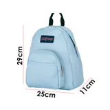 Mochila Jansport modelo Half Pint, color celeste, con logo de la marca en el frente y asa de mano superior.