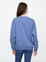 Buzo deportivo azul con cuello redondo, puños y ruedo acanalados. Estampado frontal con el logo de Gap Athletic en color celeste.