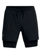 Short deportivo Under Armour Launch 5 2N1 para hombre, color negro con logo blanco. Diseño 2 en 1 con calza interior ajustada y short exterior holgado. Ideal para running y entrenamiento.