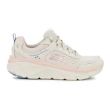 Championes deportivos Skechers Relaxed Fit: D'Lux Walker 2.0 - Daisy Doll, color beige con detalles en rosa y celeste. Capellada de malla con superposiciones de cuero, cordones, plantilla Air-Cooled Memory Foam y suela de tracción flexible.