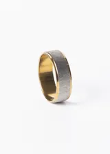 Anillo tipo alianza de acero quirúrgico hipoalergénico con acabado satinado color plateado y bordes dorados.