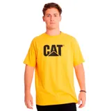 Remera negra de manga corta con logo CAT estampado en el pecho.