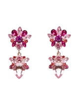 Par de aros colgantes con forma de flor, con engarce de strass en tonos rosa, fucsia y rojo, con base dorada.